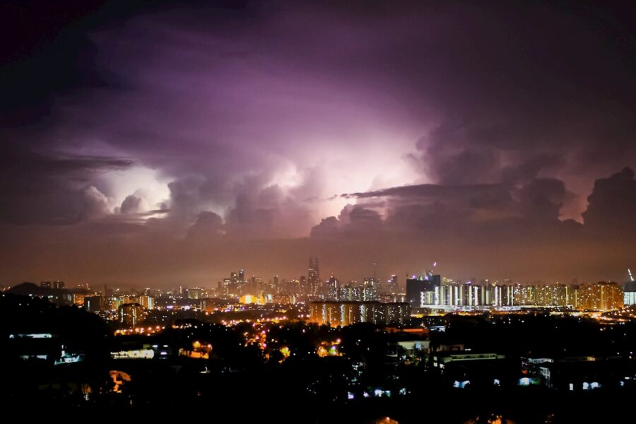 City skyline storm